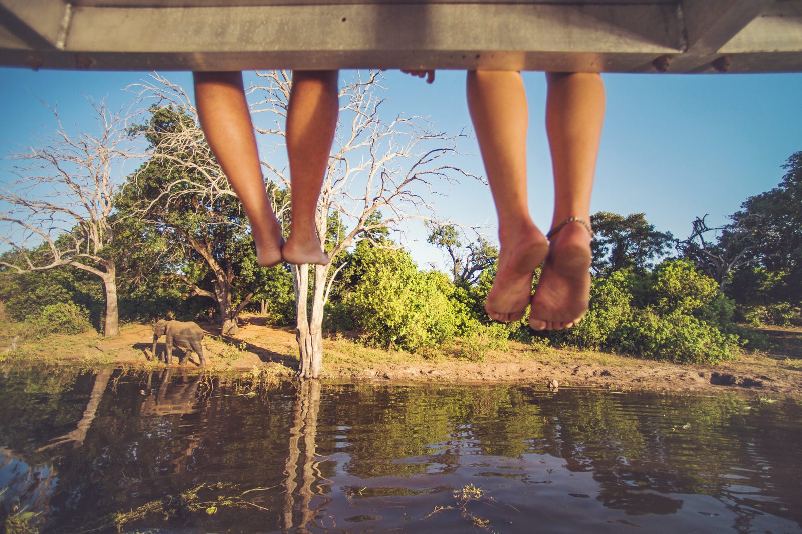 Bare feet hanging off boat on safari with elephant walking