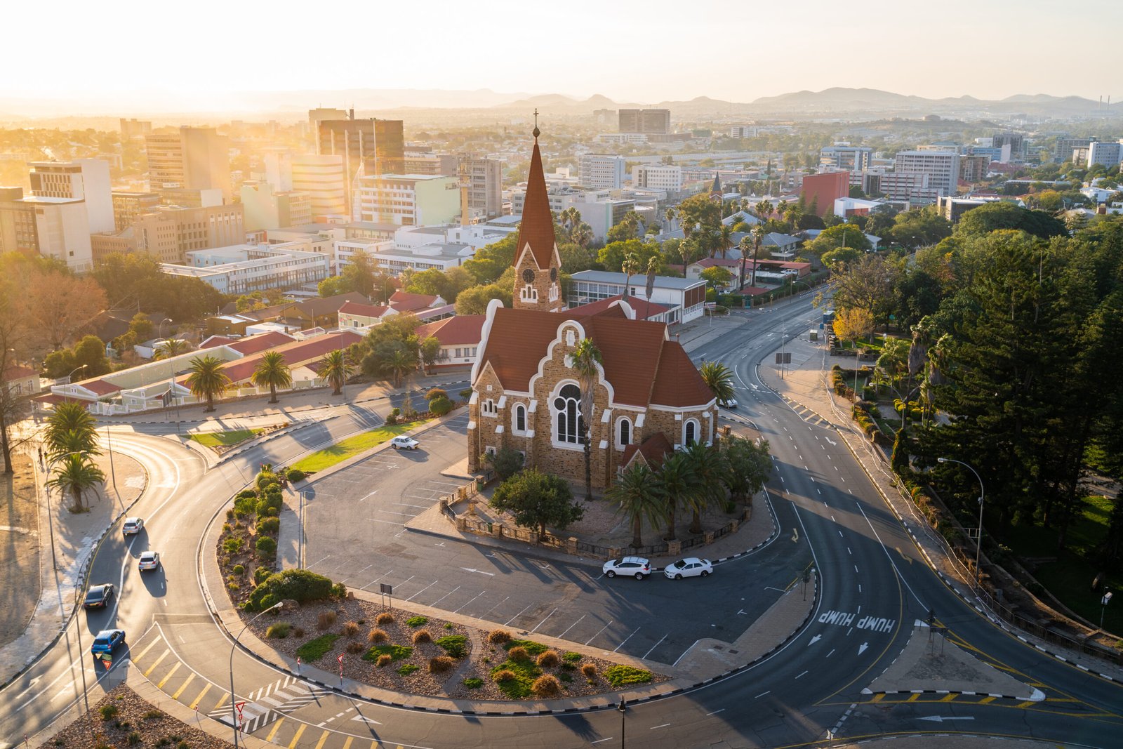 Historical Landmark Christ Church aka Christuskirche at Sunset in Windhoek, Capital of Namibia